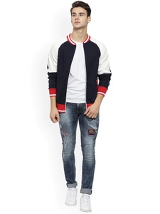 Blouson universitaire pour homme, color block, coton et polyester, fermeture éclair frontale, style décontracté pour l'automne, motifs patchwork, col rabattable, coupe classique - Product Image 1