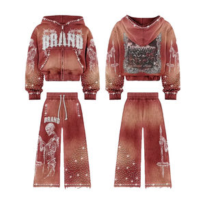 Baggy Embroidery Printed Oversize Acid Wash Vintage Rhinestones Tracksuit <b>Zip</b> Hoodie Flare Stack <b>Trouser</b> Waterproof Solid - Product Image 3