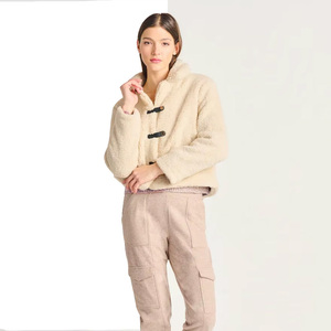 Women's Cream <b>Fleece</b> <b>Jacket</b> With Shawl Collar And Covered Buttons <b>Warm</b> Winter Outerwear Short Length Full Sleeve - Product Image 6