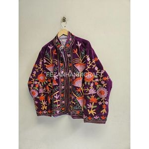 Chaqueta de terciopelo morado bordada con estampado floral, cuello mandarín, manga larga, para otoño, hecha a mano. - Product Image 3