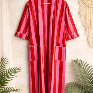 Bata Kimono a Rayas de Longitud Completa, Corte Holgado, Cuello en V, Manga Tres Cuartos, Ropa de Estar para Mujer, Tejido Suave de Verano - Product Image 5