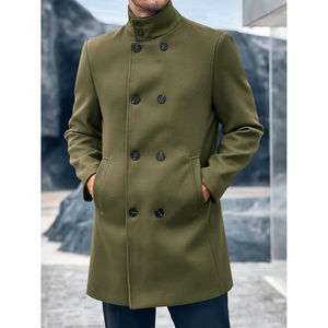 Manteau en laine pour homme, vert olive, double boutonnage, col à revers, long et épais, pour l'hiver - Product Image 3