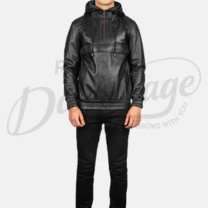 Sudadera con Capucha para Hombre, Negra, de Cuero Genuino, con Cierre de Cremallera de un Cuarto, Bolsillo Frontal y Puños Elásticos Acanalados - Product Image 4