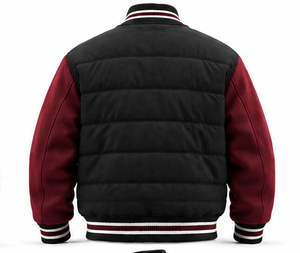 Men's <b>Quilted</b> Varsity Jacket Black Padded Body Burgundy <b>Wool</b> Sleeves Premium Puffer Letterman Jacket Outerwear OEM - Product Image 2
