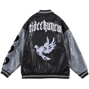 Chaqueta Varsity para Hombre, Cuero PU, Logotipo Bordado del Patrón de la Luna, Cuello Camisero, para Otoño, Corte Regular - Product Image 3