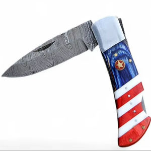 Cuchillo Plegable Profesional Hecho a Mano de Acero de Damasco, Cuchillo de Bolsillo EDC Táctico de Caza con Funda de Cuero y Mango de Madera Epoxi OEM - Product Image 1