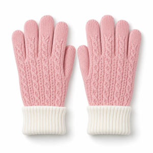 Pink Cable <b>Knit</b> <b>Gloves</b> With Cream Ribbed Cuff Machine Washable Cotton Textured Anti-Slip Full Coverage General Purpose - Product Image 2