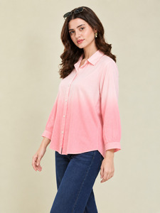 เสื้อเชิ้ตป๊อปลินสีชมพูสำหรับผู้หญิง แขนสามส่วน ลำลอง สีพื้น สำหรับฤดูใบไม้ผลิและฤดูร้อน - Product Image 2