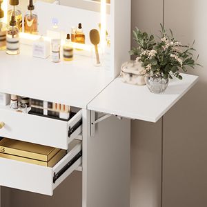 Small Space Makeup <b>Vanity</b> <b>Table</b> Set with 3 Adjustable Lighted <b>Mirror</b> and Storage Chair White Dress-for Limited Areas - Product Image 3