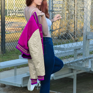 Womens Varsity Crop Jacket Magenta Pink Beige Letterman Style Bomber Coat Faux Leather Sleeves Casual Outerwear Ladies Fashion - Product Image 2