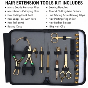 Kit complet d'application d'extensions capillaires avec fil passeur à boucle, pince à ouvrir les perles, peigne, pinces et ciseaux de précision - Product Image 2