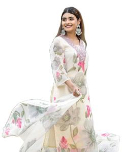 Premium listo para usar indio étnico pesado Georgette bordado elegante Floral impreso cuello en V tradicional Kurti/vestido para mujer - Product Image 1