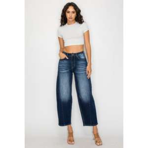 Jean en denim bleu foncé taille haute à jambe large, séchage rapide, léger, tissé, uni, pour l'été, le voyage, les activités de plein air et les loisirs - Product Image 1