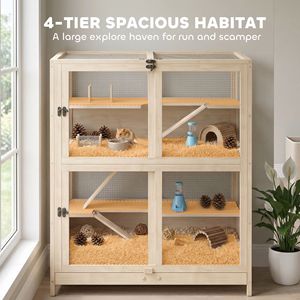 Gabbia per criceti a 4 livelli in legno per razze medio-grandi con tetto a rete apribile, vassoio estraibile, capanni, altalene, rampe e borracce - Product Image 3