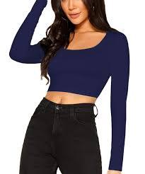 T-shirt court slim à col rond en coton et élasthanne tricoté respirant pour femme, manches longues, style décontracté - Product Image 2