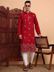 Kurta de Algodón para Hombre de NiMa Creations, Diseño Bordado, Corte Regular, Largo hasta la Rodilla, Estilo Tradicional Indio Pakistaní para Bodas y Fiestas - Product Image 3