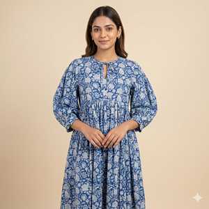 Vestido MIDI de Algodón con Estampado Floral, Cuello Redondo, Mangas Abullonadas de Tres Cuartos, Corte Holgado, con Bolsillos, para Uso Diario, Bordado - Product Image 1