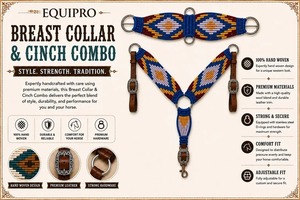 Ensemble de sangle et de collier de poitrine pour cheval en cuir et laine EQUIPRO, bleu marine, motif diamant avec boucles Concho, modèle personnalisable - Product Image 2