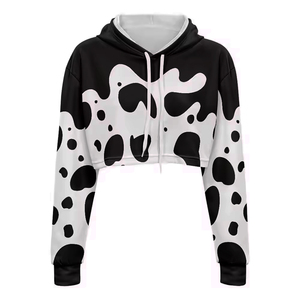 <b>Women's</b> Cropped <b>Hoodie</b> <b>Black</b> White Cow Print Animal Pattern Drop Shoulder Pullover - Product Image 1