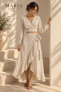Premium Quality Summer Vacation Skirt Set-Beige Elegant Wrap Crop Top with Modern Casual Ruffled <b>Knee</b> Length Breathable Skirt - Product Image 1