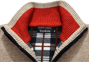 Cardigan en tricot beige pour homme, fermeture éclair intégrale, col roulé, manches régulières, doublure à carreaux, vêtement d'hiver, pull en laine acrylique - Product Image 3