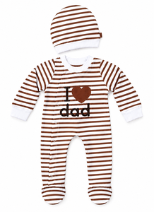 Conjunto de pelele de bebé de punto 100% algodón a rayas naranja y blanco con la inscripción 'I Love Dad' y gorro a juego - Product Image 2