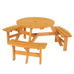 Tavolo da Picnic Circolare in Legno per 6 Persone con 3 Panche Integrate per Esterni, Patio, Veranda, Giardino - Product Image 1