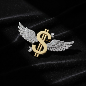 Broche Ailes Signe Dollar Doré pour Costumes Homme, Bijoux Formels Mariage & Anniversaire, Argent 925 Moissanite - Product Image 3