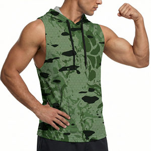 Men's Urban Camo Cutoff Hooded Tank <b>Top</b> Custom Logo Drop Armhole Sleeveless Workout Fitness Muscle Wholesale Apparel Tank <b>Tops</b> - Product Image 3