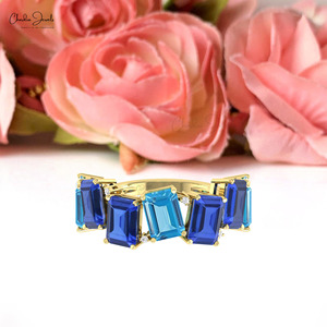 Anillo de media eternidad con topacio azul suizo y tanzanita de corte octogonal de 7x5 mm, en oro fino de 14k, anillo de cóctel con diamantes, de proveedores verificados - Product Image 4