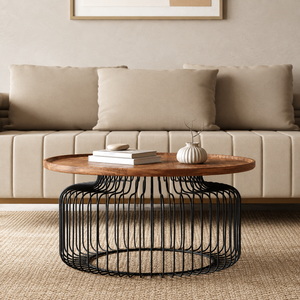 Mesa Redonda de Madera con Estructura de Alambre, Portátil, Económica, Convertible, Moderna, Mini Mesa para Laptop, Mesa de Centro para Té y Café, Muebles para Sala de Estar - Product Image 1