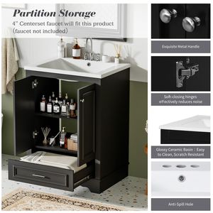 Mobile Bagno Moderno Freestanding da 24 Pollici con Lavabo in Ceramica, Mobiletto Contenitore con Chiusura Ammortizzata e Maniglie Argento - Product Image 6