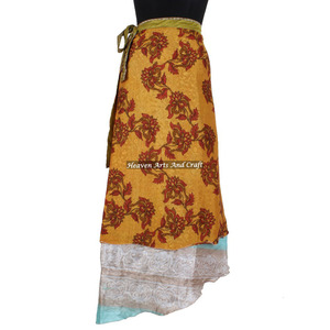 Falda de seda india de dos capas tipo sari, nueva falda de seda mágica con estampado a mano, fabricante y mayorista de faldas tipo sari. - Product Image 2