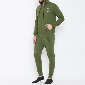 Sweat-shirt à capuche zippé vert olive délavé pour homme avec poches latérales et pantalon assorti, décontracté, hiver, 100 % coton molletonné - Product Image 3