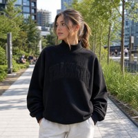Sweat-shirt noir à col montant style varsity avec lettres, manches longues, bordure côtelée unie, logo personnalisé, OEM, marque privée, vente en gros