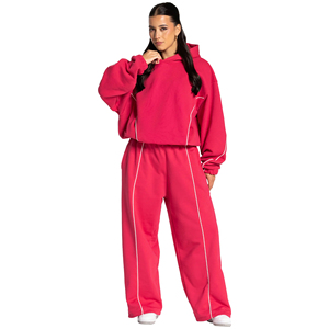 Ensemble de survêtement rouge cerise pour femme, coupe ample, couleur unie, poches latérales, 100 % coton, avec passepoil, tendance - Product Image 1