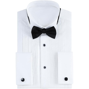 Chemise de smoking pour homme, chemise habillée à col aile de mouette et poignets français avec boutons de manchette et nœud papillon pour mariage, tenue de soirée formelle ou professionnelle - Product Image 1