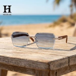 Luxury Rimless Square Diamond Sunglasses Men Women Patterned <b>Wood</b> <b>Temples</b> Grey Gradient Lens Eyewear - Product Image 3