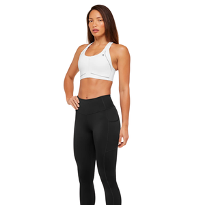 Sujetador deportivo de alto soporte para mujer con logo personalizado, de nailon y elastano, espalda cruzada, top de yoga de alto rendimiento, ropa de gimnasio y fitness, color blanco liso. - Product Image 3