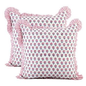 Funda de Cojín con Volantes Florales Rosas, Funda de Almohada de Algodón con Estampado de Bloques, Funda Decorativa para Cojín de Sofá o Cama - Product Image 1