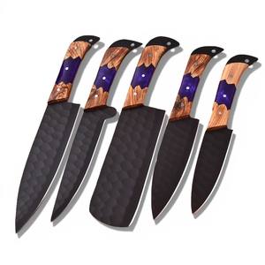 Ensemble de 5 couteaux de chef en acier inoxydable, manches en résine d'olivier, forgés à la main, finition mate, étui en cuir durable, design élégant - Product Image 1