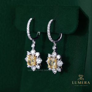 Glamorous Fancy Yellow Cushion <b>Diamond</b> Cluster <b>Earrings</b>, Sunflower Halo <b>Dangle</b> Design With Round Pave <b>Diamond</b> Girls <b>Earrings</b> - Product Image 5