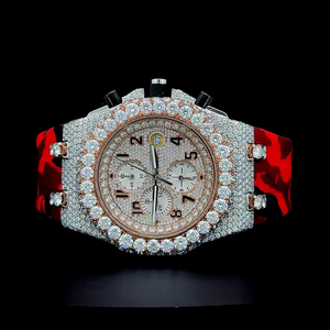 Montre en moissanite de qualité supérieure, bracelet en caoutchouc rouge, demi-sertie de diamants, certifiée par un testeur de diamants, livrée avec boîte. - Product Image 1
