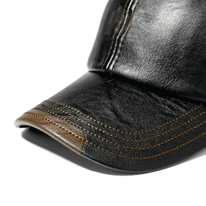 <b>Black</b> Sheepskin Leather Baseball Cap Adjustable Unisex Sporty Waterproof Embossed Four Seasons Breathable Flat Brim Style - Product Image 5
