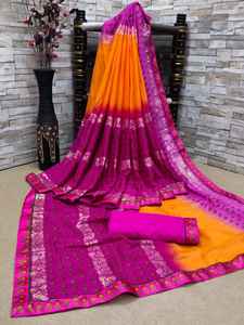 Sari en mousseline de soie florale de luxe, traditionnel et doux, avec bordure à motifs complexes, séchage rapide, protection solaire, idéal pour mariages, fêtes et festivals - Product Image 3