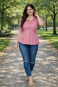 Jaipur Moda Anaya I Blusa Peplum de Algodón para Mujer, Estilo Dulce y Casual para Oficina, Vestido Camisero Rosa con Botones, Cintura Natural, Color Caramelo - Product Image 4