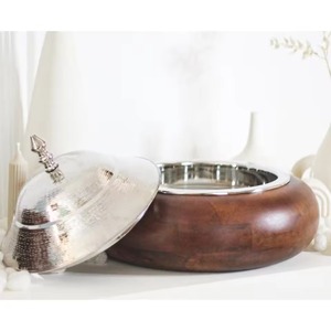Casserole ronde en bois avec couvercle en acier inoxydable et doublure intérieure, design minimaliste, récipient isotherme pour garder les aliments au chaud - Product Image 2