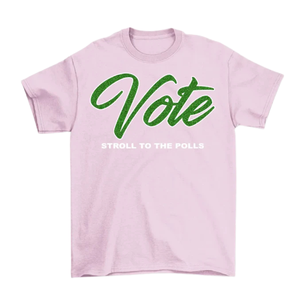 T-shirt imprimé pour femme en coton premium, rose clair et vert, motif « Votez, marchez jusqu'aux urnes », style décontracté et graphique - Product Image 1