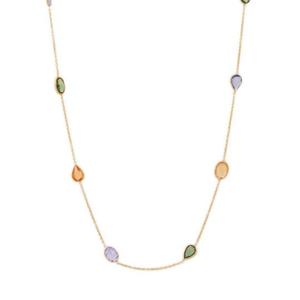18K Yellow Gold Multi Sapphire Station <b>Necklace</b>-Classic Beaded <b>Chain</b> - Product Image 4