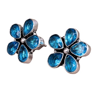 Boho Ethnic Engagement <b>Blue</b> Topaz Flower Drop <b>Earrings</b> Brass Bezel Setting Antique Silver Plated Handmade Women's Jewelry ARTS - Product Image 1